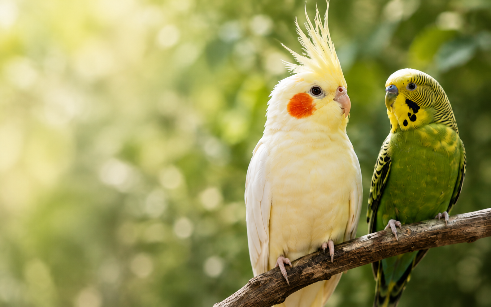 A cream cockatiel and a green budgie perched together
