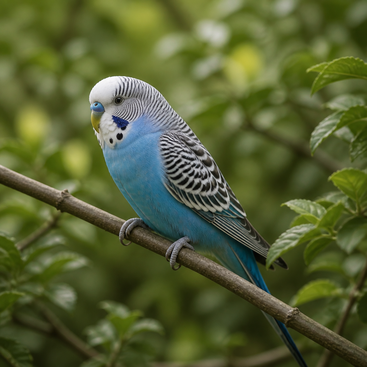A blue budgie perched among green leaves