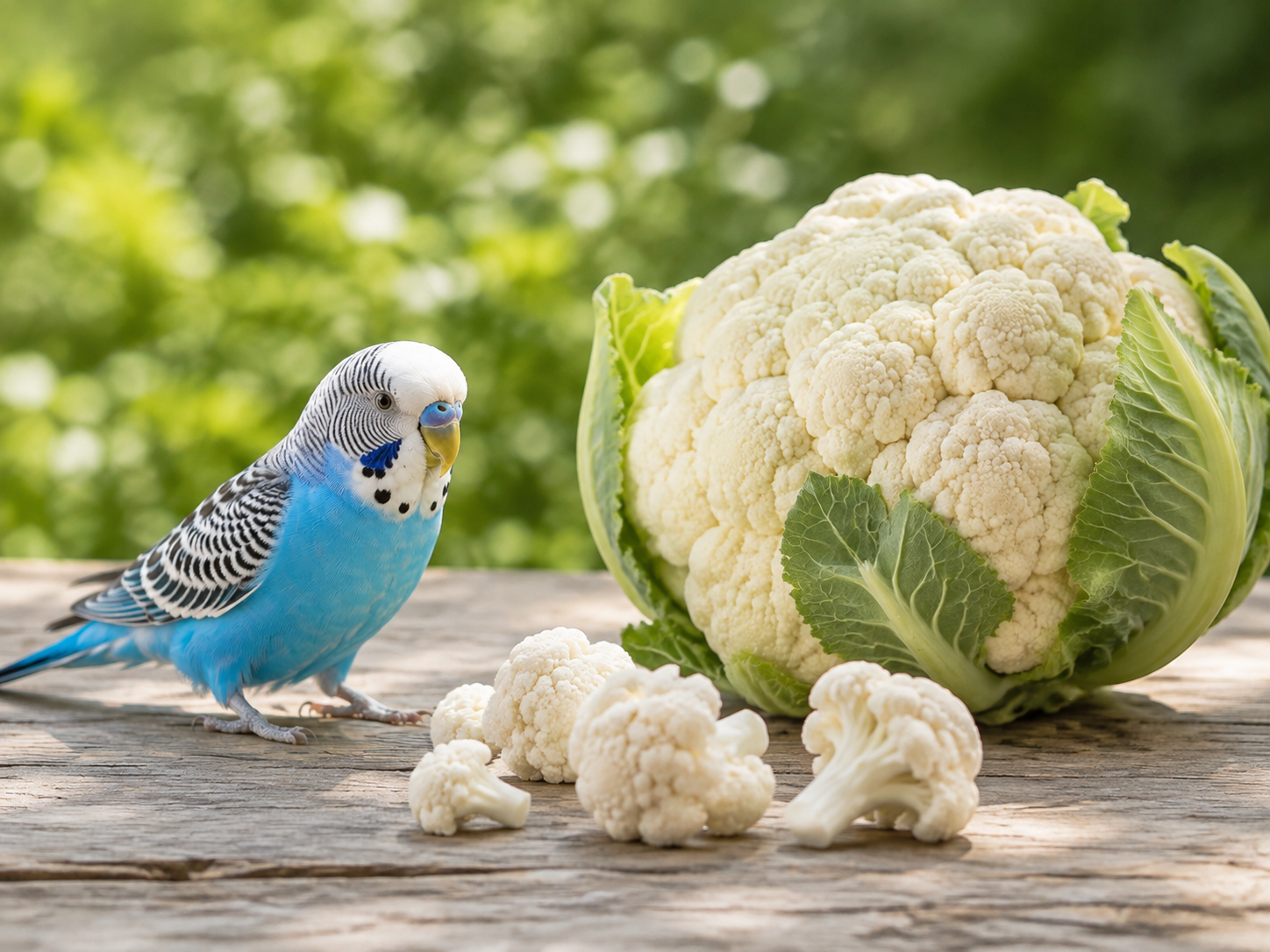 A budgie examining fresh cauliflower florets
